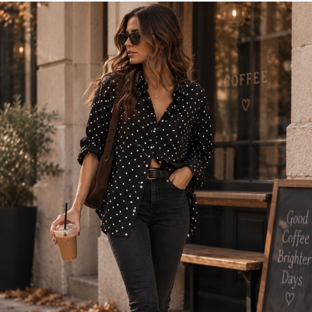 Jones New York Signature Woman Polka Dot 100% Cotton Button Down Shirt